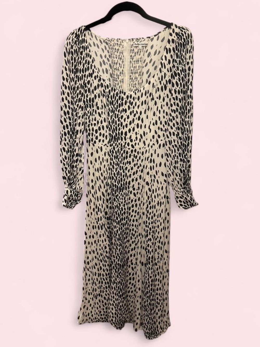 Reformation Alessi Crepe Cream + Black Spotted Long Sleeve Midi Dress (Preloved)